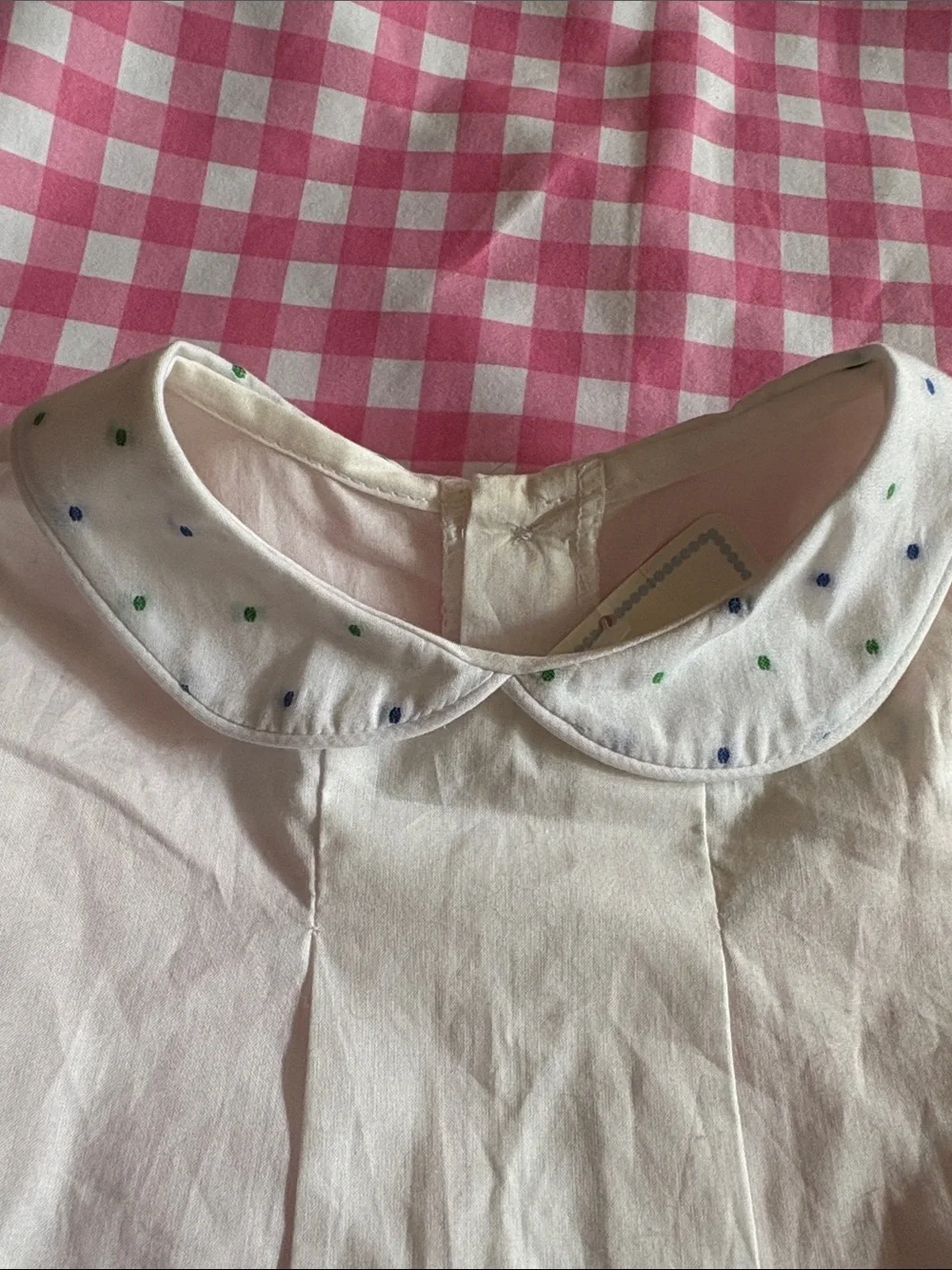 Brother & Sissy 3T White Two-Piece Set with Blue & Green Dot Trim and bloomers.